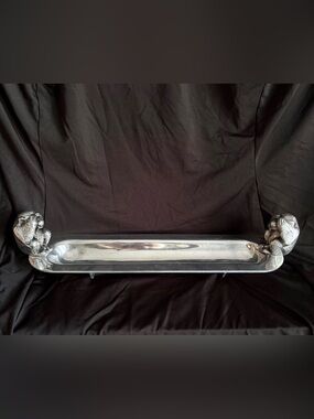 Vintage Aluarte See No Evil Monkey Canoe Tray Long Dish Cast Aluminum Silver 18”